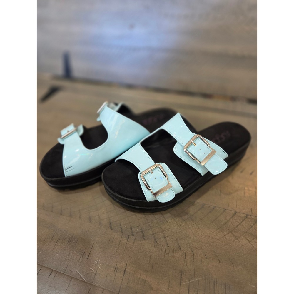 Sugar Saturn Light Blue Patent Holographic Double Buckle Platform Slide Sandals - Picture 2 of 7